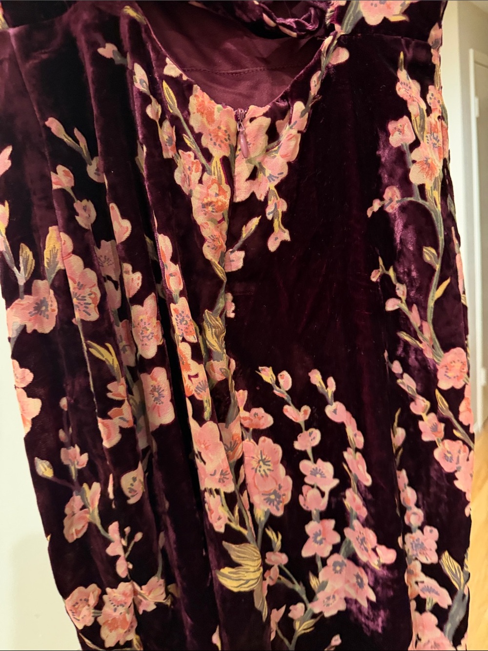 Lulu's Plum Velvet Midi Dress with Pink Floral Embroidery - Picture 3 of 4